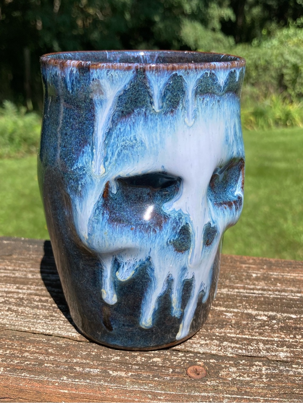 Handmade Paul Haigh Signed Skull Face Mug Studio Pottery Blue Drip Glaze NH - Picture 2 of 7
